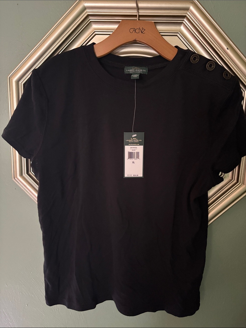 Lauren Ralph Lauren Womens Black Short-Sleeve Crewneck Tee with Shoulder Buttons